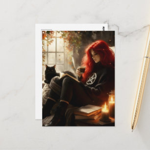 beautiful witch and cat enjoying tea and a book postcard