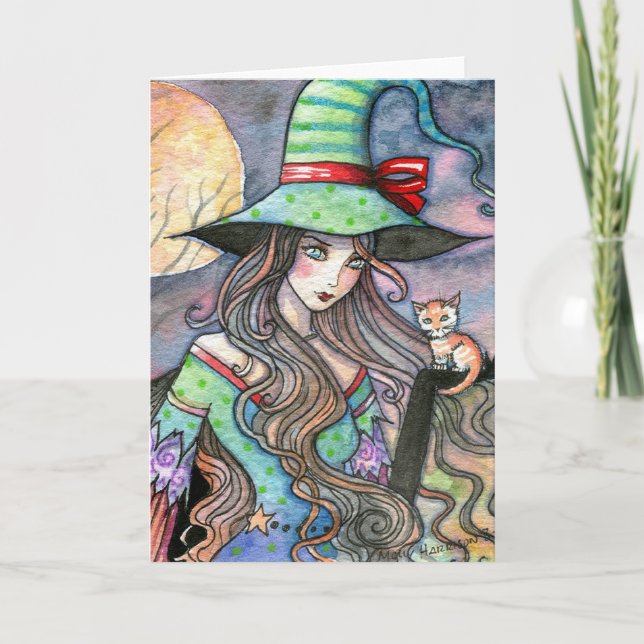 Beautiful Witch and Tabby Kitten Halloween Card (Front)