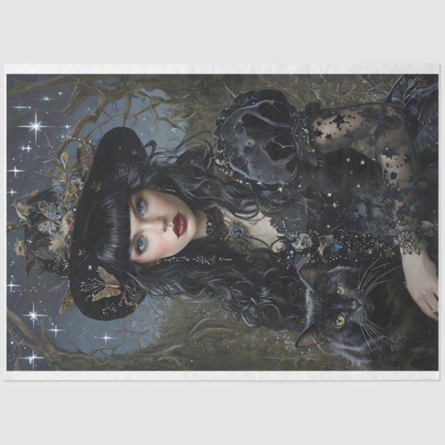 Beautiful Witch & Black Cat Decoupage Tissue Paper (Front)
