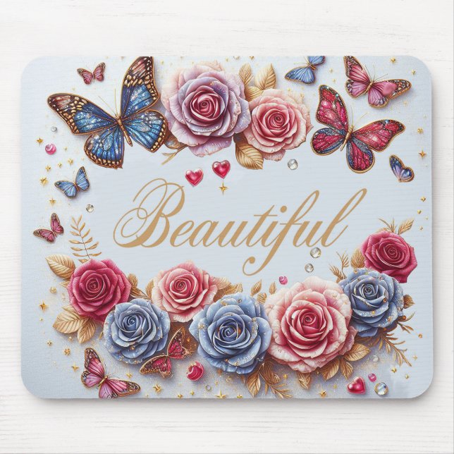 “Beautiful” with butterflies and roses Mouse Pad (Front)