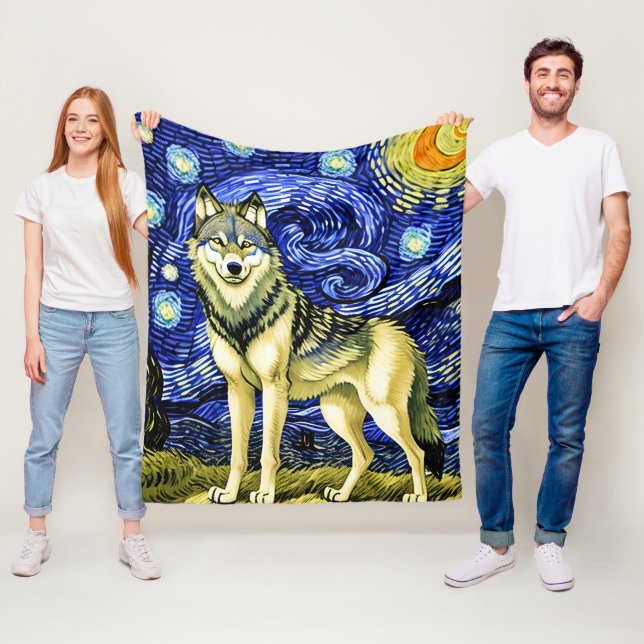 Beautiful Wolf in  the Starry Night Fleece Blanket (In Situ)