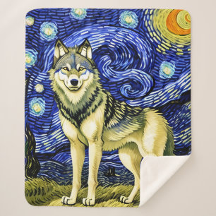 Beautiful Wolf in  the Starry Night Sherpa Blanket