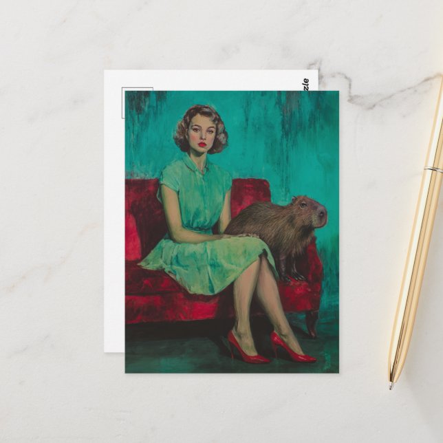 Beautiful Woman and Capybara on the couch Postcard (Front/Back In Situ)