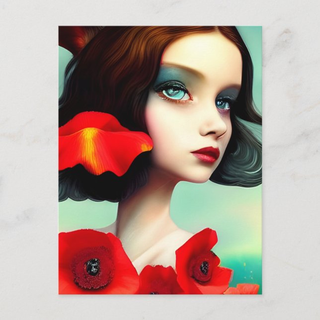 Beautiful Woman and Red Poppy Flowers Postcard (Front)