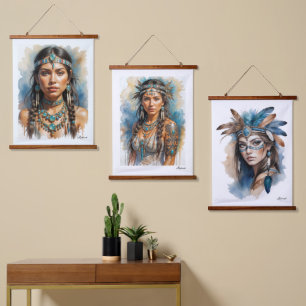 Beautiful Woman Boho Native American With Jeweller Hanging Tapestry