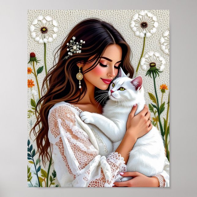 Beautiful Woman, Cat and Dandelions Poster (Front)