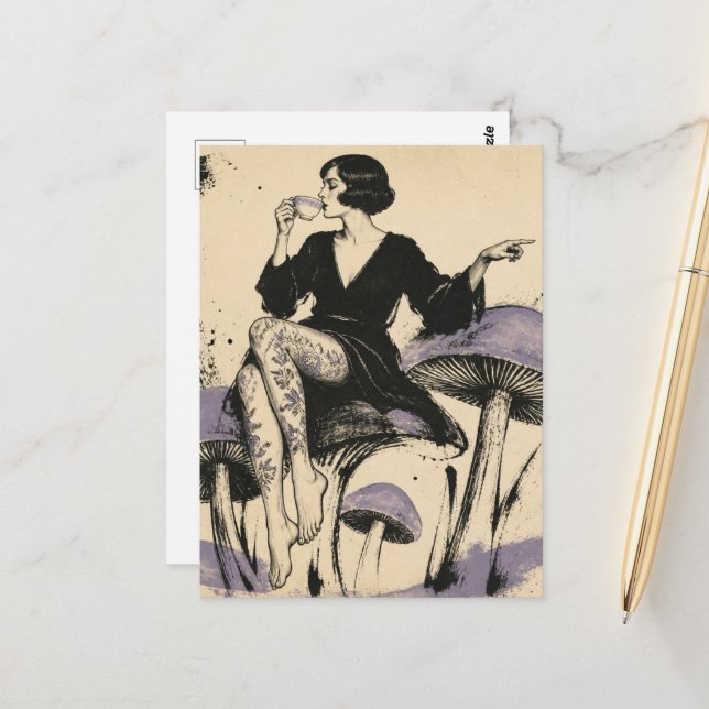 Beautiful Woman Drinks Tea Postcard (Front/Back In Situ)