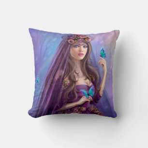 Beautiful woman fairy and blue butterflies. Famtas Throw Pillow