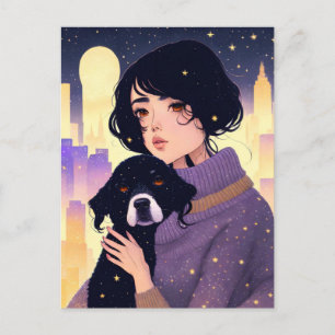 Beautiful woman in a sweater & a dog, Postcrossing Postcard