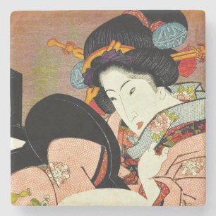 Beautiful Woman in Mirror by Utagawa Kunimaru Stone Coaster