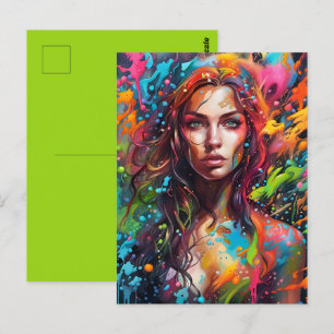 Beautiful woman in painting postcard