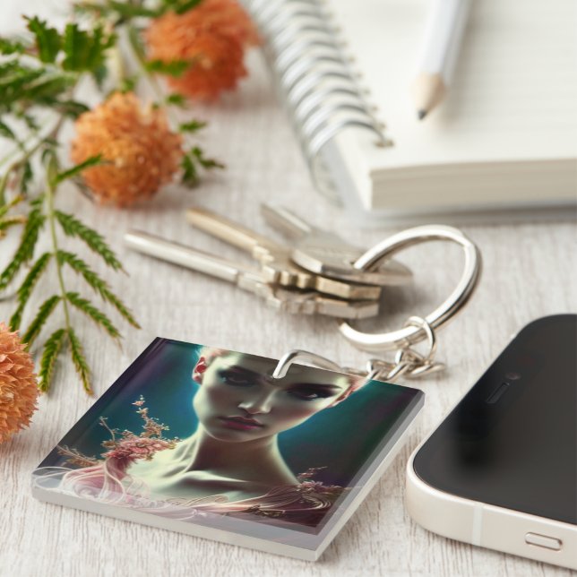 Beautiful Woman in Pink AI Generated Art Keychain (Front Right)