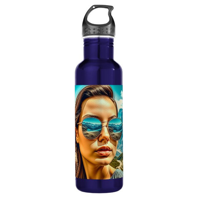 Beautiful Woman in Sunglasses Mountain Reflectoin 710 Ml Water Bottle (Front)