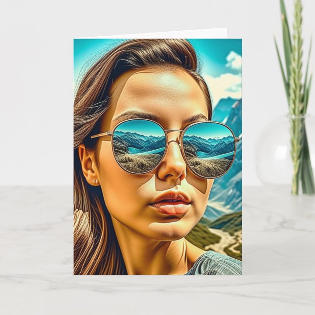 Beautiful Woman in Sunglasses Mountain Reflectoin Card (Front)