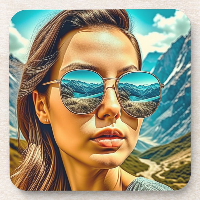 Beautiful Woman in Sunglasses Mountain Reflectoin Coaster (Front)