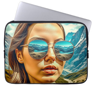 Beautiful Woman in Sunglasses Mountain Reflectoin Laptop Sleeve