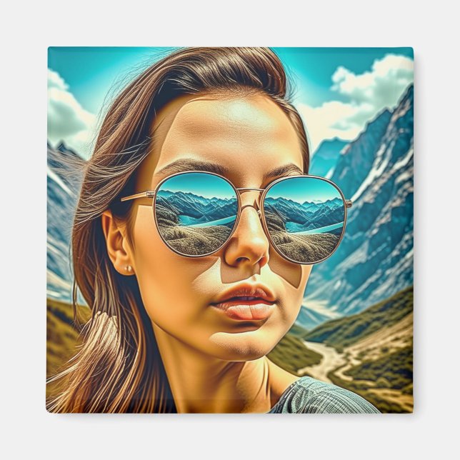Beautiful Woman in Sunglasses Mountain Reflectoin Magnet (Front)