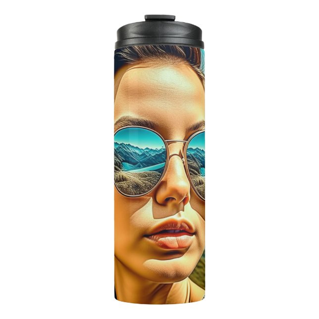 Beautiful Woman in Sunglasses Mountain Reflectoin Thermal Tumbler (Front)