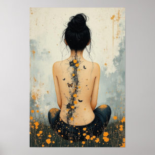 Beautiful Woman, Ink, Wildflowers and Butterflies Poster