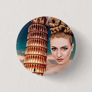 Beautiful woman leaning tower of pisa abstract art 1 inch round button