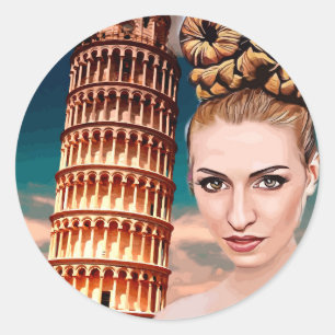 Beautiful woman leaning tower of pisa abstract art classic round sticker