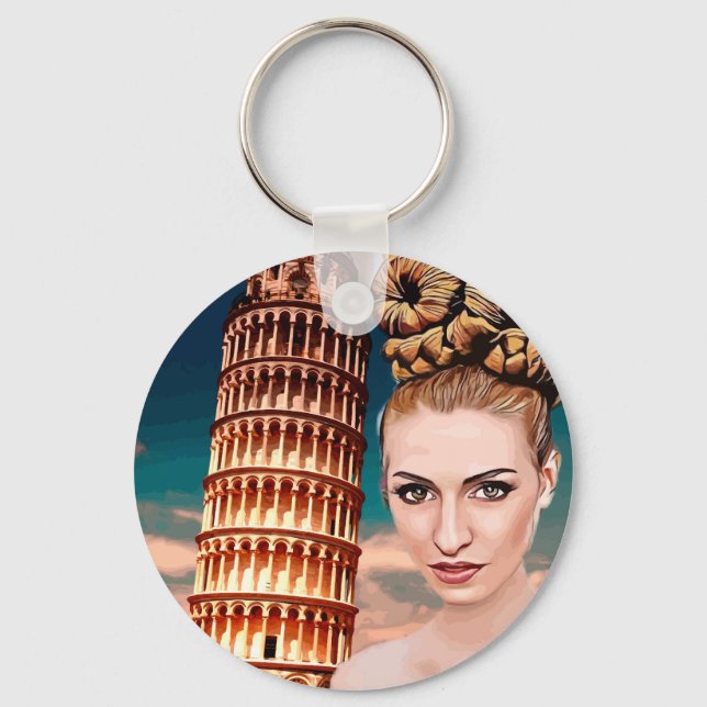 Beautiful woman leaning tower of pisa abstract art keychain (Front)