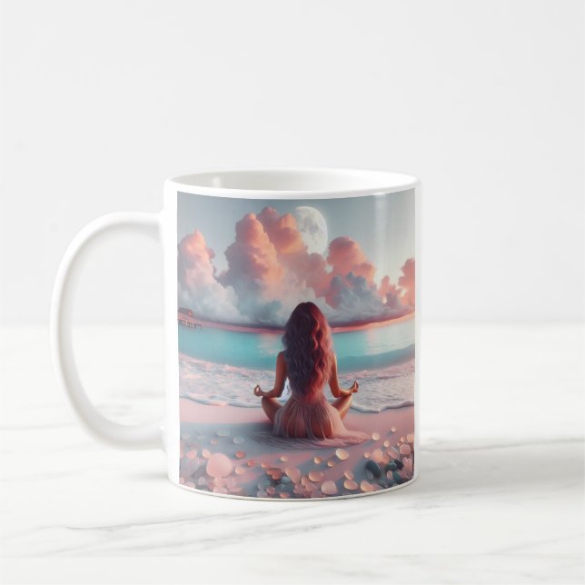 Beautiful Woman Meditating on Beach Blank Coffee Mug (Left)