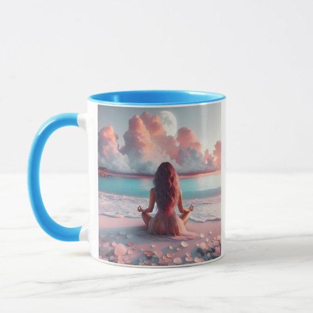 Beautiful Woman Meditating on Beach Blank Mug (Left)