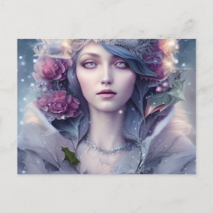 Beautiful Woman of Winter Floral and Snow  Postcard