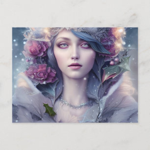 Beautiful Woman of Winter Floral and Snow Postcard