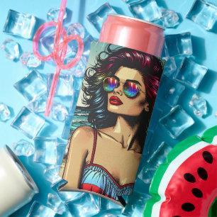 Beautiful Woman on Beach Comic Book Pop Art Seltzer Can Cooler