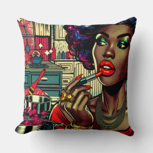 Beautiful Woman Putting on Lipstick in Kitchen Throw Pillow
