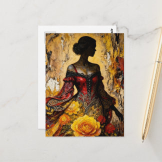 Beautiful Woman Red Dress Yellow Roses Postcard