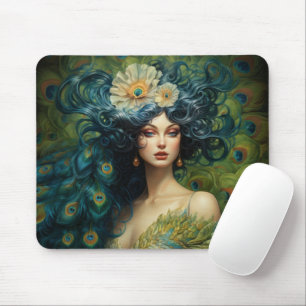 Beautiful Woman Surrounded by Peacock Feathers Mouse Pad