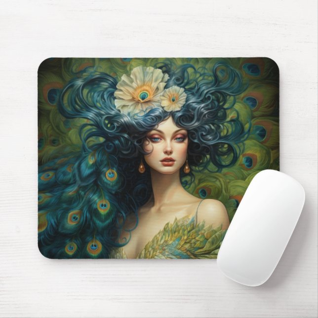 Beautiful Woman Surrounded by Peacock Feathers Mouse Pad (With Mouse)