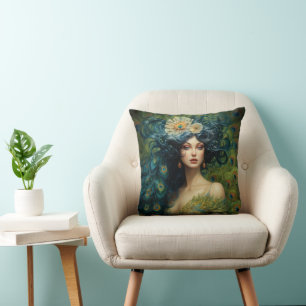 Beautiful Woman Surrounded by Peacock Feathers Throw Pillow