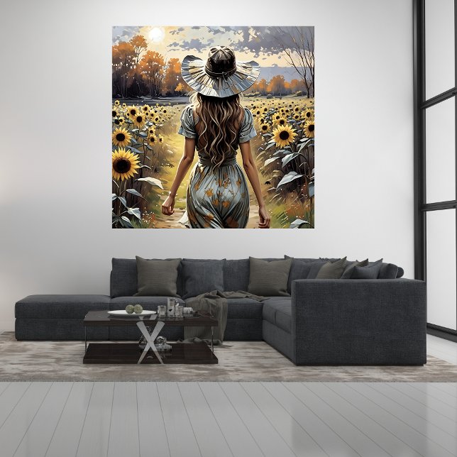 Beautiful Woman Walking Among Sunflowers Poster (Beautiful Woman Walking Among Sunflowers Poster Mockup 1)