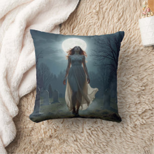 Beautiful Woman Walking In a Moonlit Cemetery Throw Pillow
