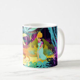 Beautiful woman walking the jungle with leopard coffee mug