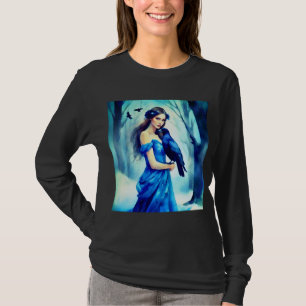 Beautiful Woman with a Raven, in a Snowy Forest T-Shirt