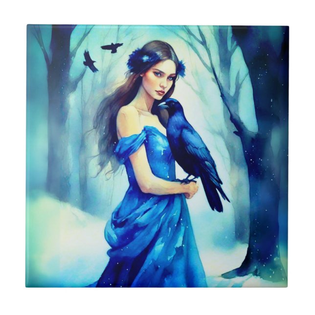 Beautiful Woman with a Raven, in a Snowy Forest Tile (Front)