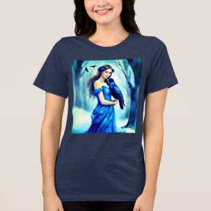Beautiful Woman with a Raven, in a Snowy Forest Tri-Blend Shirt