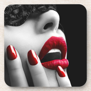 Beautiful Woman With Black Lace Mask Coaster