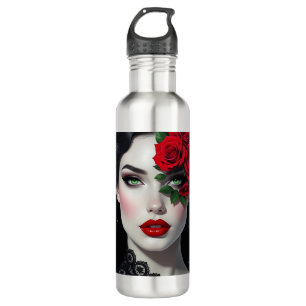 Beautiful Woman with Green Eyes and Red Rose 710 Ml Water Bottle