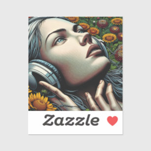 Beautiful Woman with Headphones in Sunflowers