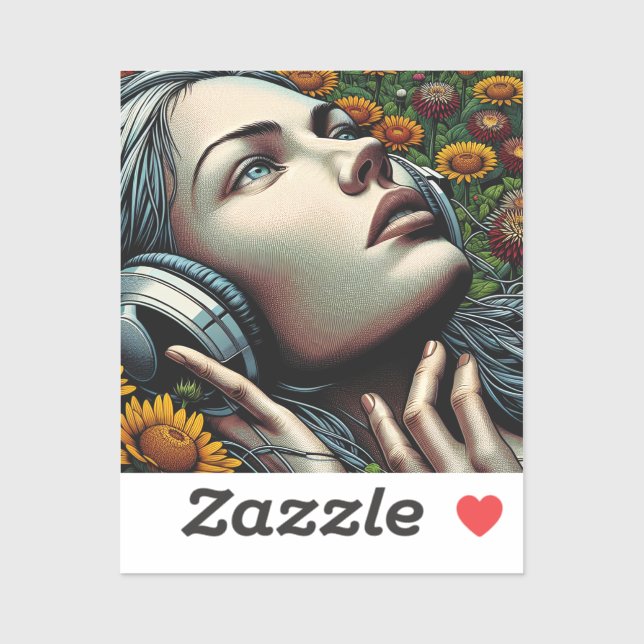 Beautiful Woman with Headphones in Sunflowers (Sheet)
