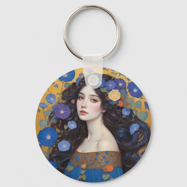 Beautiful Woman With Morning Glories  Keychain (Front)