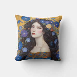 Beautiful Woman With Morning Glories Throw Pillow