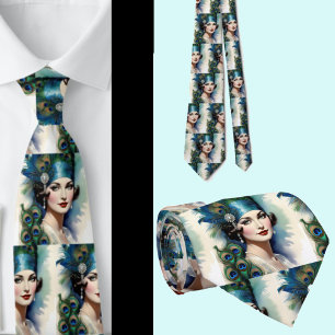 Beautiful Woman with Peacock Feathers Neck Tie