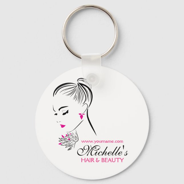 Beautiful woman with pink earrings branding keychain (Front)